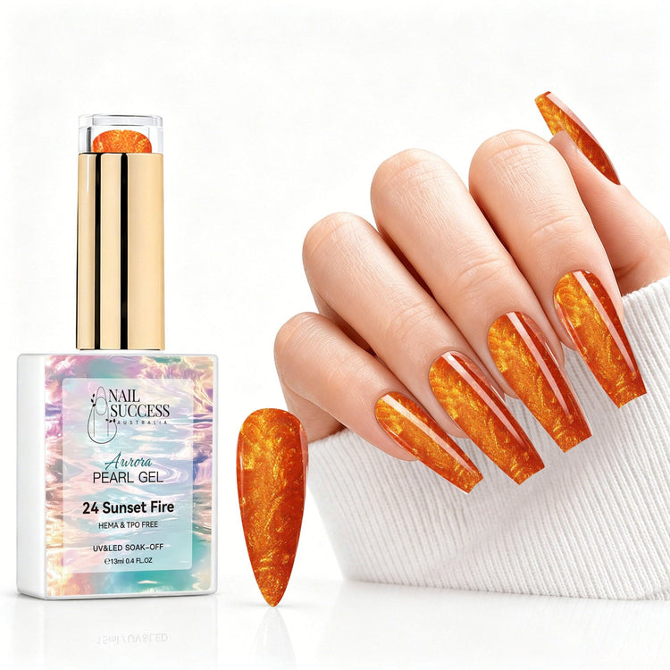 Sunset Fire aurora pearl gel polish with orange pearl shimmer swatch and matching manicure for HEMA and TPO free salon nails