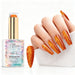 Sunset Fire aurora pearl gel polish with orange pearl shimmer swatch and matching manicure for HEMA and TPO free salon nails