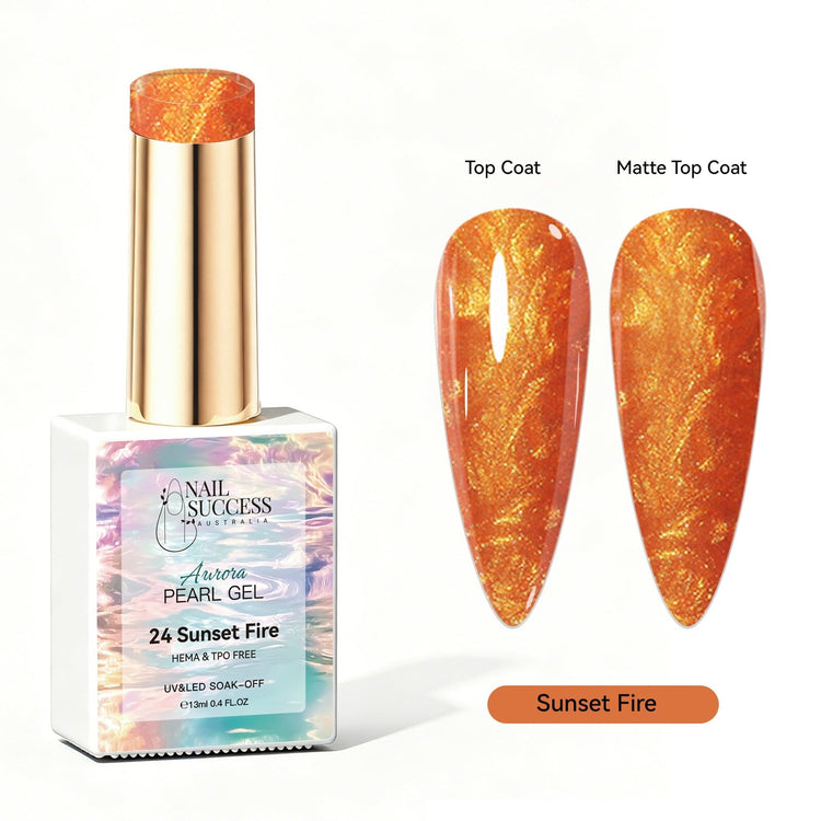 Nail Success Australia Aurora Pearl Gel in Sunset Fire, shown with glossy and matte orange gold pearl shimmer swatches for soak-off gel polish manicures