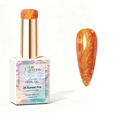 Nail Success Australia Aurora Pearl Gel in Sunset Fire, shown with orange gold pearl shimmer swatch and glossy soak-off gel polish finish