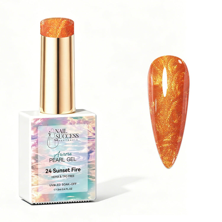 Nail Success Australia Aurora Pearl Gel in Sunset Fire, shown with orange gold pearl shimmer swatch and glossy soak-off gel polish finish