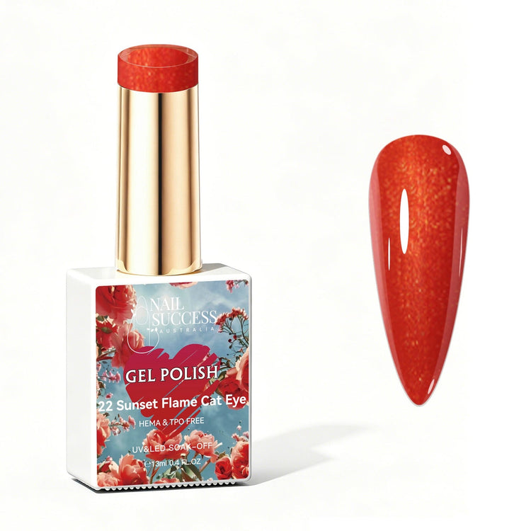 Nail Success Australia Sunset Flame Cat Eye orange shimmer gel polish bottle with glossy nail colour swatch