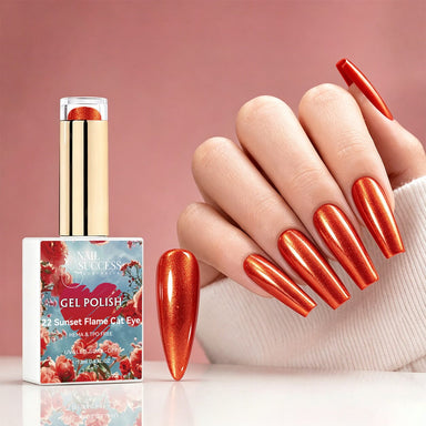 NSI Australia Sunset Flame Cat Eye orange shimmer gel polish with glossy metallic manicure and swatch, shade 22