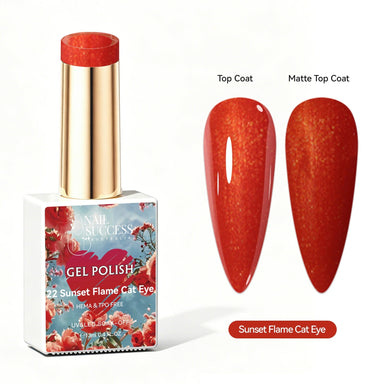Nail Success Australia Sunset Flame Cat Eye orange shimmer gel polish with glossy and matte nail colour swatches