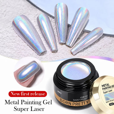 Born Pretty Super Laser 5 ml metal painting gel with gold lid and silver holographic coffin nail swatches displaying a rainbow mirror finish.
