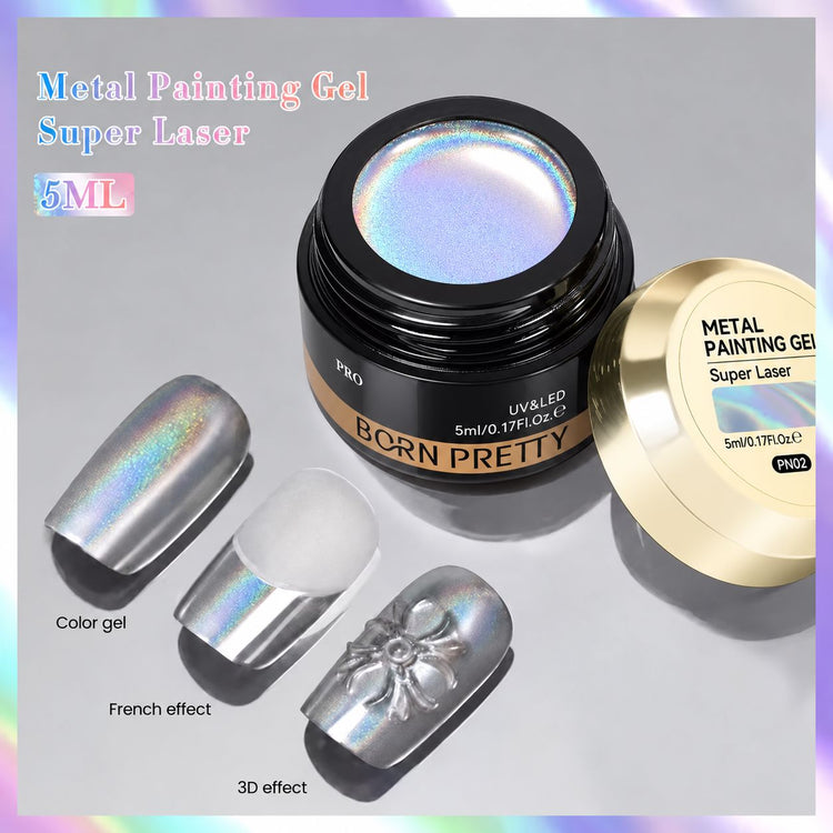 Born Pretty Super Laser 5 ml metal painting gel with gold lid, shown with silver holographic, French tip and 3D floral nail designs.
