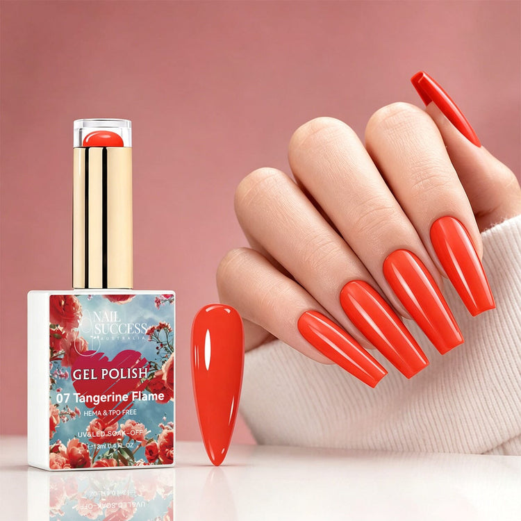 NSI Australia Tangerine Flame orange-red gel polish with glossy manicure and swatch, shade 07