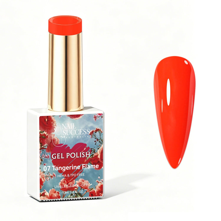 Nail Success Australia Tangerine Flame orange red gel polish bottle with glossy nail colour swatch
