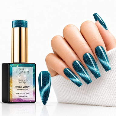 Nail Success Teal Galaxy 10 cat eye gel polish with matching swatch and deep teal coffin nails featuring silver shimmer bands.
