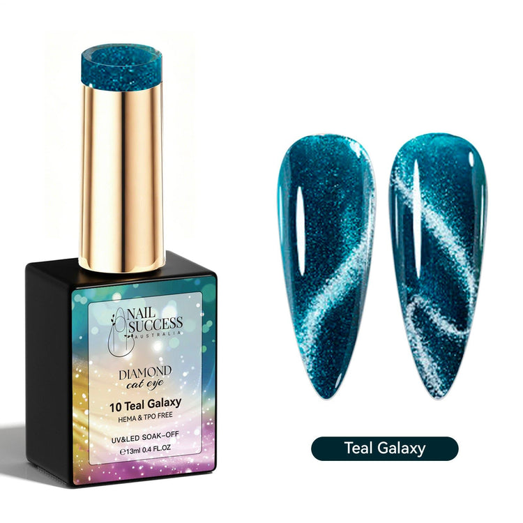 LED soak-off gel nail polish bottle shown next to two almond-shaped nails displaying the glittery teal-blue magnetic cat-eye finish.