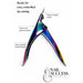 Rainbow metallic nail tip cutter infographic highlighting sharp straight blade, easy-squeeze handle design and iridescent finish