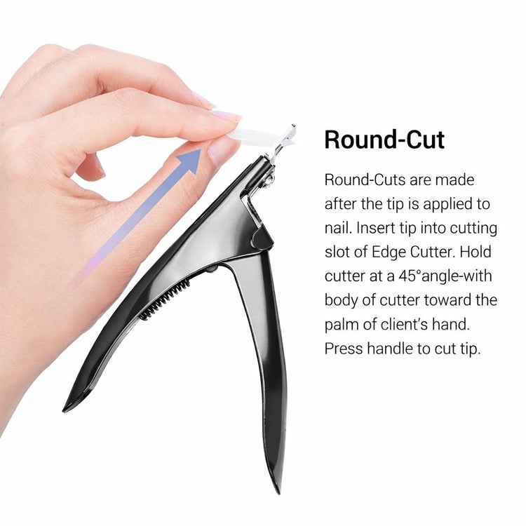 Black nail tip cutter demonstration showing how to make a round cut on an artificial nail tip at a 45-degree angle