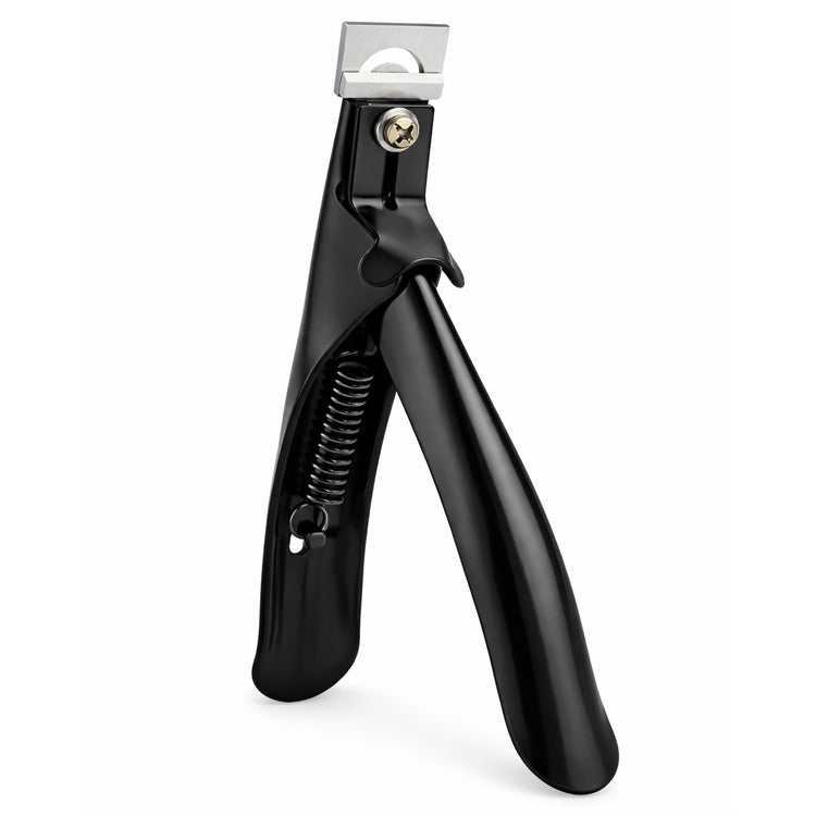 Black nail tip cutter shown upright with open spring-loaded handle on a plain background