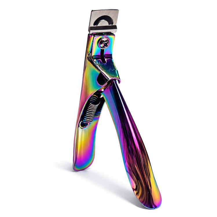 Rainbow metallic nail tip cutter shown upright with open spring-loaded handle and silver cutting blade on a plain background