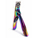 Rainbow metallic nail tip cutter shown upright with open spring-loaded handle and silver cutting blade on a plain background