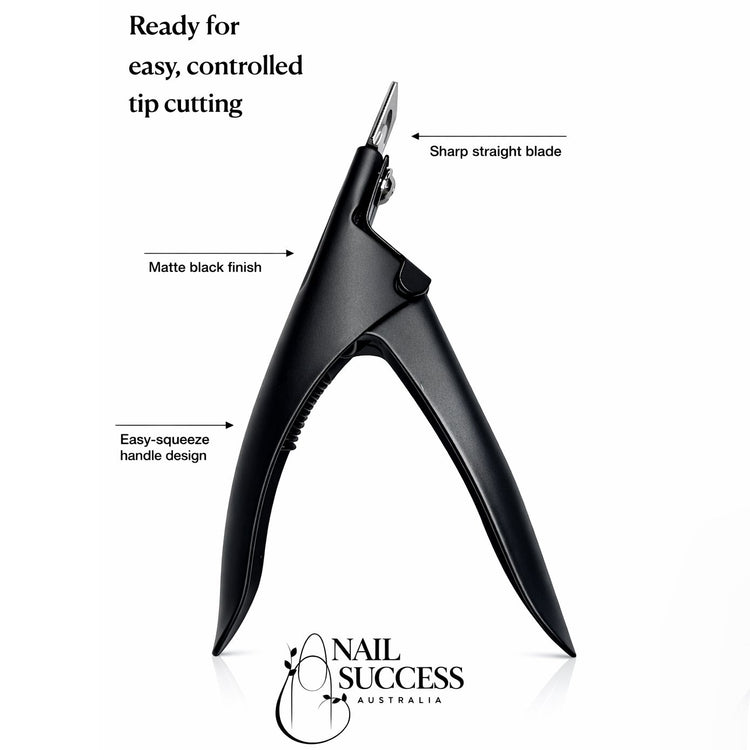 Black nail tip cutter infographic highlighting sharp straight blade, easy-squeeze handle design and matte black finish