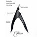Black nail tip cutter infographic highlighting sharp straight blade, easy-squeeze handle design and matte black finish