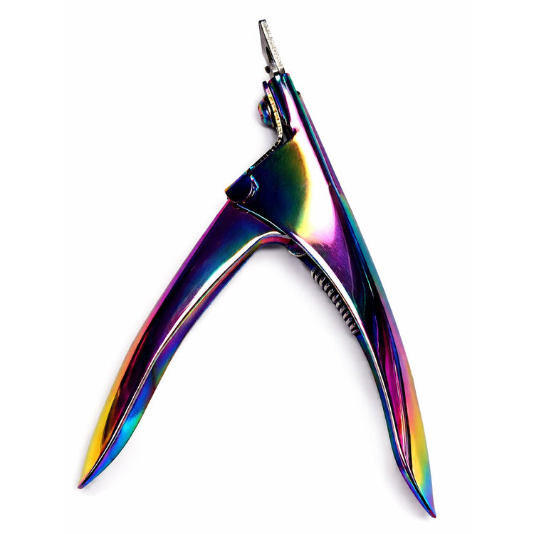 Rainbow metallic nail tip cutter shown upright with open spring-loaded handle on a plain background