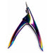 Rainbow metallic nail tip cutter shown upright with open spring-loaded handle on a plain background