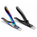 Rainbow metallic and matte black nail tip cutters shown side by side on a plain background