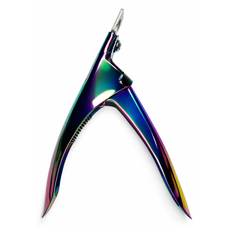 Rainbow metallic nail tip cutter shown from the side with open handles on a plain background
