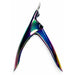 Rainbow metallic nail tip cutter shown from the side with open handles on a plain background