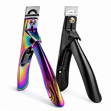Rainbow metallic and matte black nail tip cutters shown upright side by side on a plain background