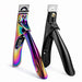 Rainbow metallic and matte black nail tip cutters shown upright side by side on a plain background