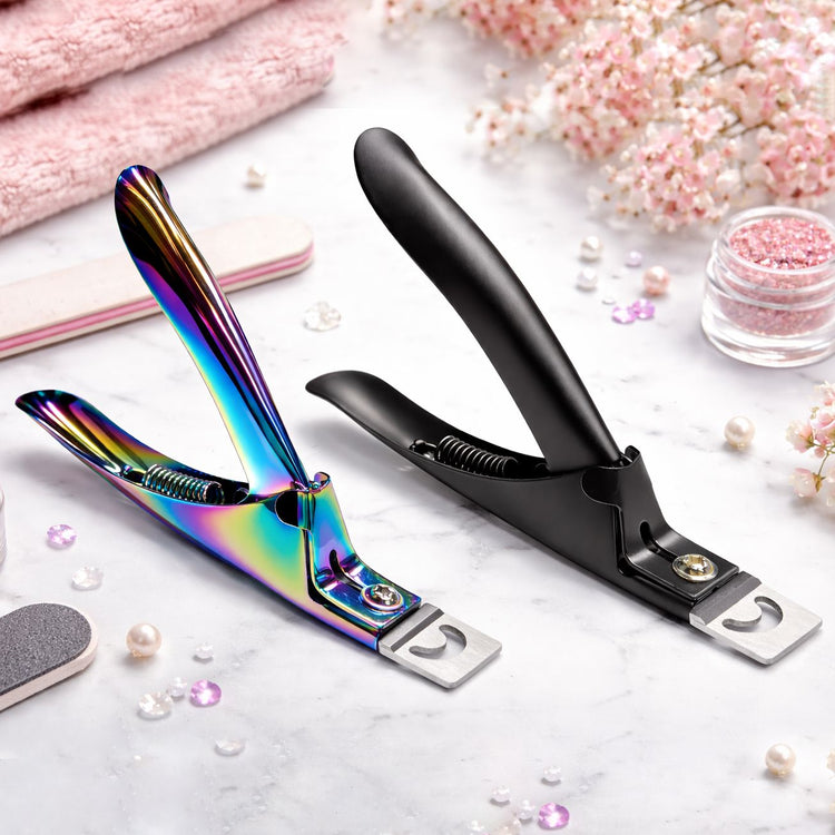 Rainbow and matte black nail tip cutters displayed on a marble beauty surface with pink towels, crystals and manicure accessories