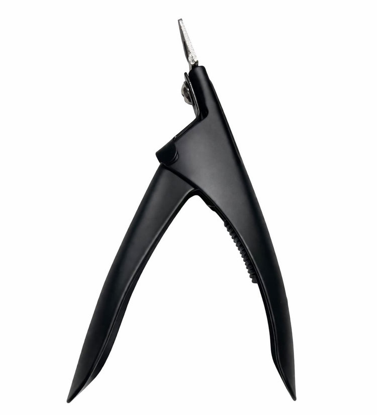 Black nail tip cutter shown from the side with open handles on a plain background