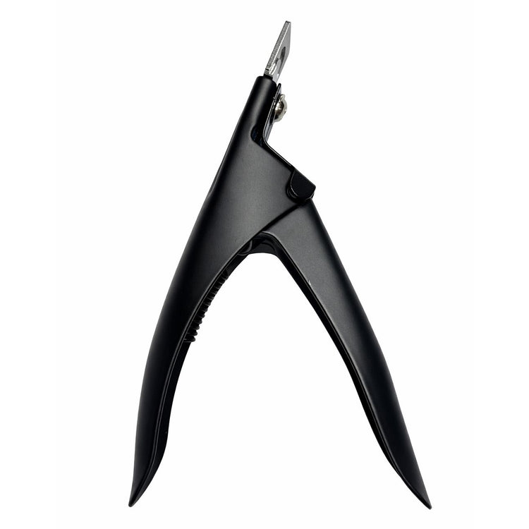 Black nail tip cutter shown upright with angled open handles and silver cutting blade on a plain background