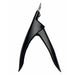 Black nail tip cutter shown upright with angled open handles and silver cutting blade on a plain background