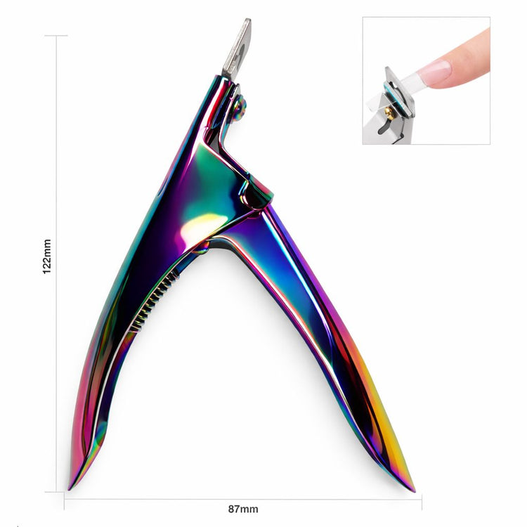 Rainbow metallic nail tip cutter with 122mm height and 87mm width, shown with close-up of artificial nail tip trimming