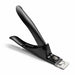 Black nail tip cutter with spring-loaded handle and silver cutting blade on a plain background