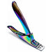Iridescent rainbow double-ended cuticle pusher and scraper shown from the reverse side with textured grip handle on a plain background