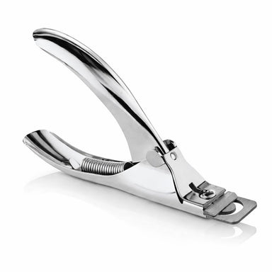 Stainless steel nail tip cutter infographic highlighting sharp straight cutting edge, polished silver finish and easy-squeeze grip design