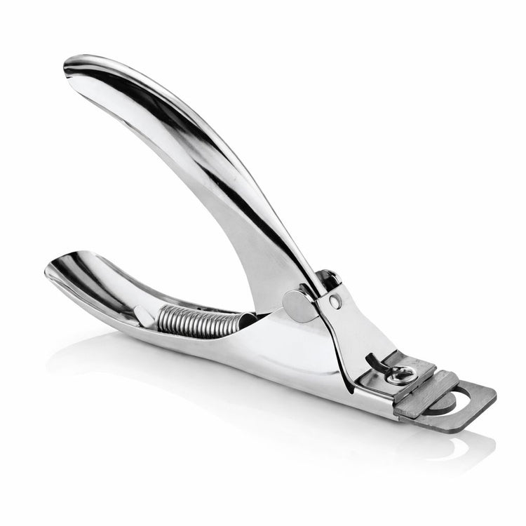 Stainless steel nail tip cutter infographic highlighting sharp straight cutting edge, polished silver finish and easy-squeeze grip design