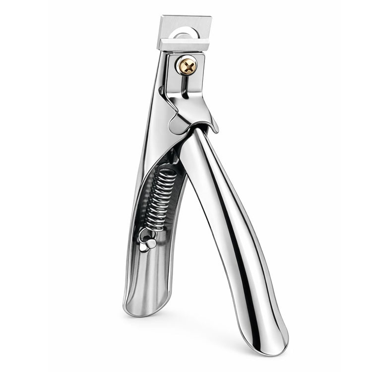 Stainless steel nail tip cutter standing upright with spring-loaded handle for trimming artificial nail tips