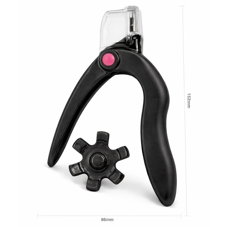 Black nail tip cutter with cutting guide wheel and 152mm by 86mm dimensions