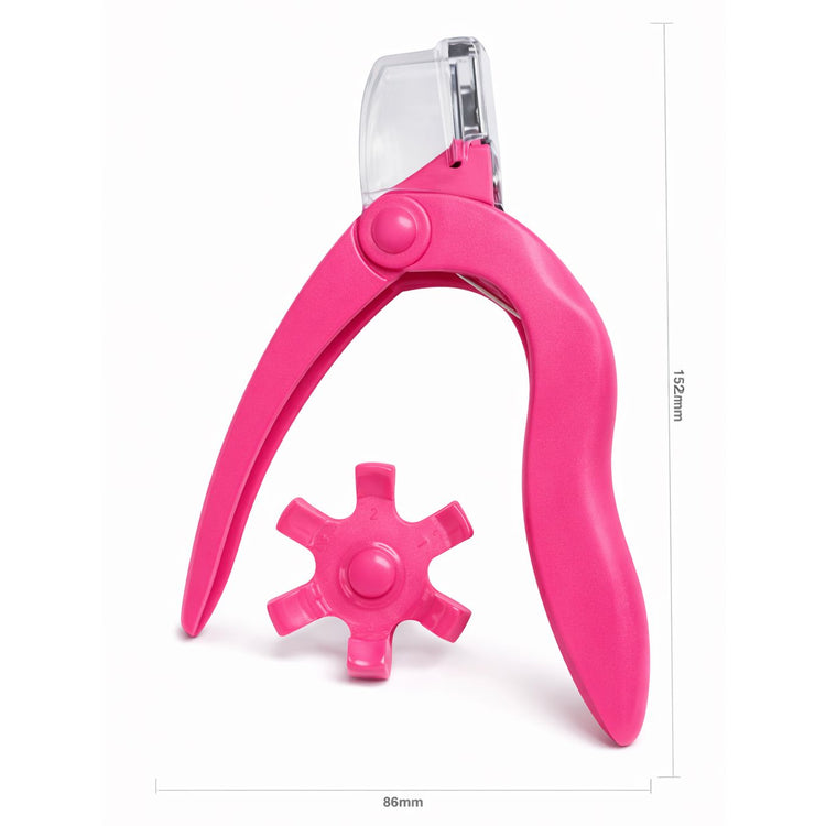 Pink nail tip cutter with adjustable cutting guide wheel and 152mm by 86mm dimensions