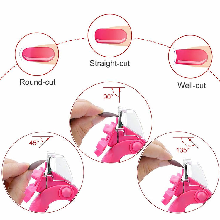 Pink nail tip cutter cutting guide showing round cut, straight cut, and well cut angles for artificial nail tips
