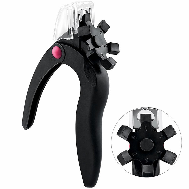 Black nail tip cutter with adjustable cutting guide wheel and clear safety guard for artificial nail tips