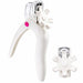 White nail tip cutter with guide wheel, protective cap, and pink button for artificial nail tips