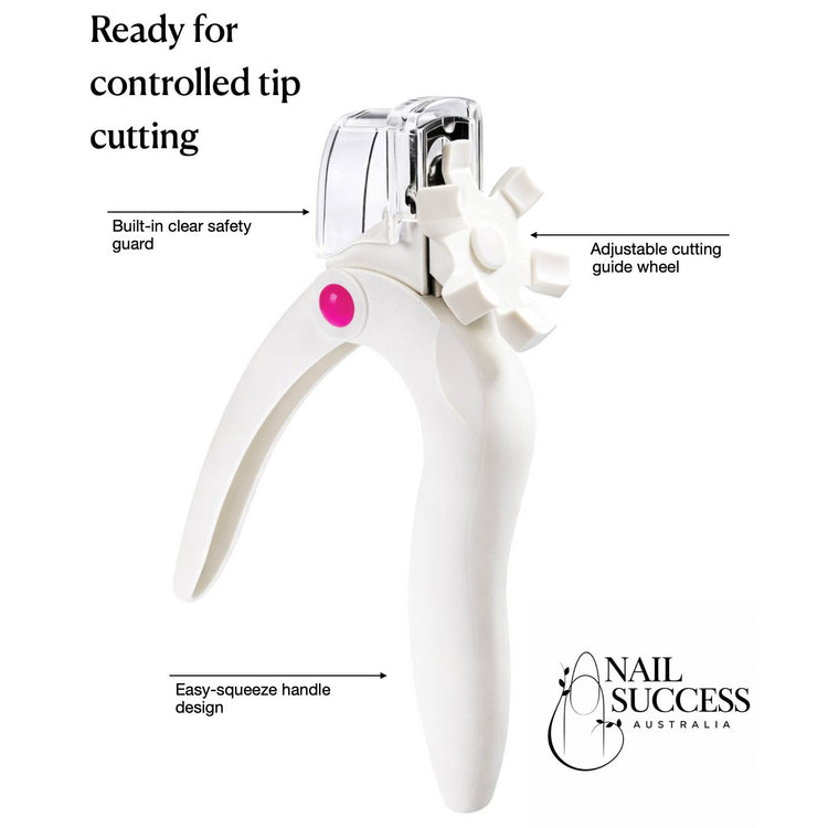 White nail tip cutter with clear safety guard, adjustable cutting guide wheel, and easy-squeeze handle