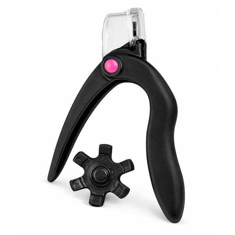 Black nail tip cutter with adjustable cutting guide wheel and clear safety guard for artificial nail tips