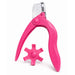 Pink nail tip cutter with adjustable cutting guide wheel and clear safety guard for artificial nail tips