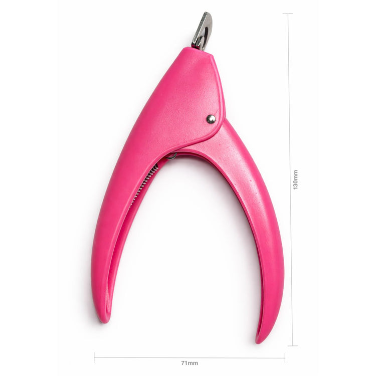 Pink handled nail tip cutter with stainless steel blade, 130 mm tall and 71 mm wide
