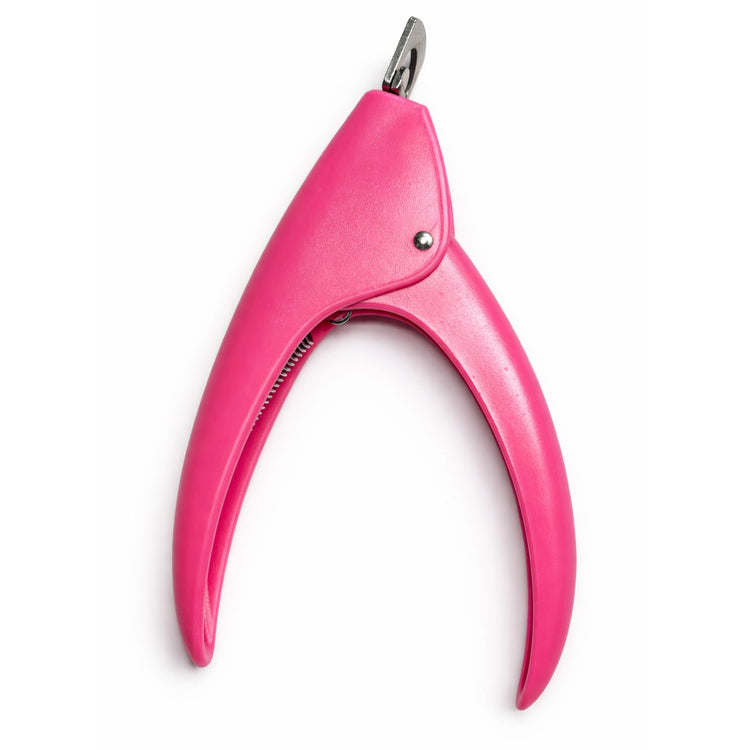 Pink nail tip cutter with curved easy-squeeze handles and stainless steel cutting blade