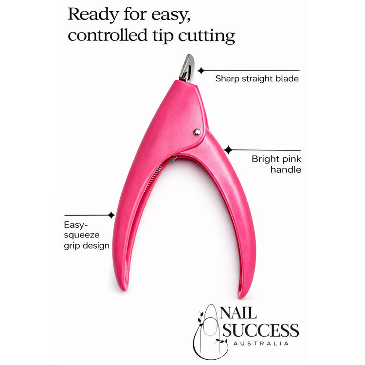 Pink nail tip cutter with sharp straight blade and easy-squeeze grip handle