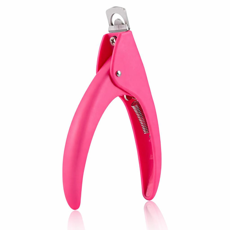 Pink PVC handle nail tip cutter with spring and stainless steel blade for artificial nail tips